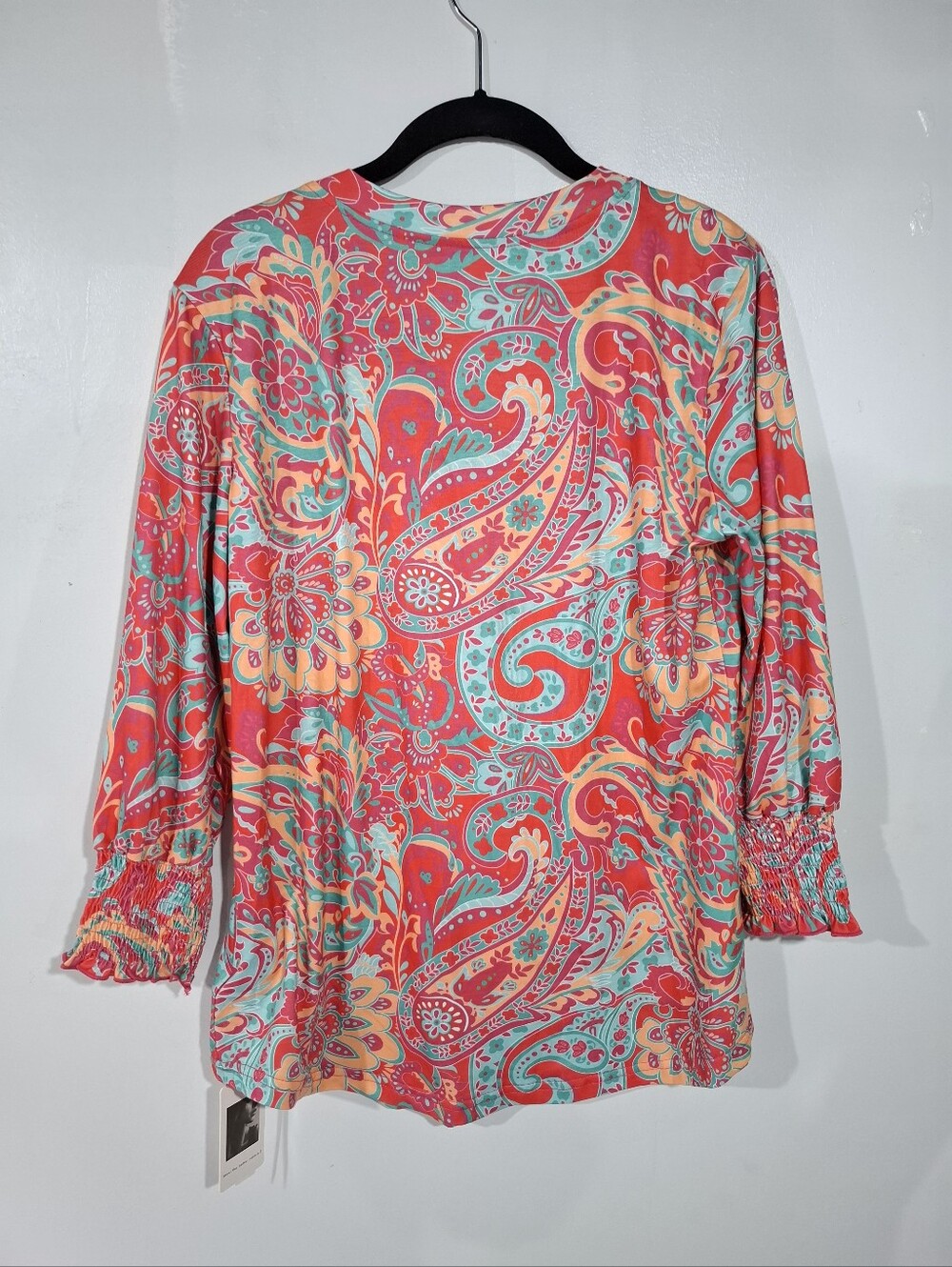 LOMON Paisley Multicolor V-Neck Tunic Top Smocked 3/4 Sleeves Soft Casual Sz M - Picture 9 of 15